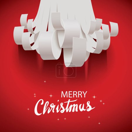 Illustration for White paper cut Santa's beard greeting card with text Merry Christmas isolated on a red background - Royalty Free Image