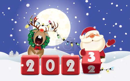 Illustration for Santa Claus and decorated Reindeer with wreath and luminous electric garland changing date from 2022 to 2023 rotating cubes with numbers in a winter surroundings - Royalty Free Image