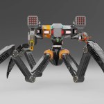 Modern spider-like armed soldier. Sci-fi robotic warrior with guns, 3d rendering