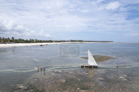 Foto de Zanzíbar parece el paraíso en este tiro con drones, con una hermosa playa y barcos de madera dejados atrás en la marea baja. - Imagen libre de derechos