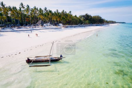 Téléchargez les photos : Plongez dans la beauté naturelle de la plage tropicale de l'île de Zanzibar, avec son sable blanc, ses palmiers oscillants et ses eaux turquoises cristallines contre un ciel bleu aux nuages duveteux par une journée d'été ensoleillée. - en image libre de droit