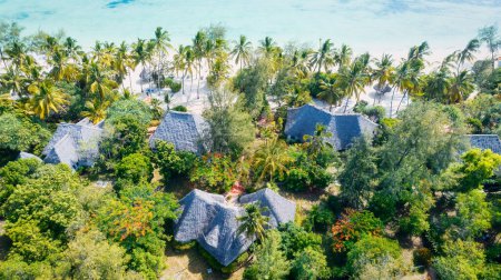 Foto de La vista aérea de las playas de Zanzíbar captura la esencia de un paraíso tropical con palmeras, sombrillas, arena blanca y las brillantes aguas azules del Océano Índico. - Imagen libre de derechos