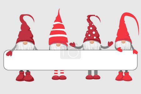Ilustración de Tarjeta de Navidad. Cuatro gnomos con signo en blanco - Imagen libre de derechos