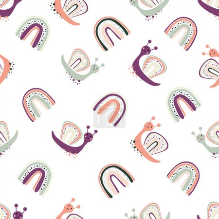 Seamless childish pattern with rainbows and cute snails. Creative scandinavian kids texture for fabric, wrapping, textile, wallpaper, apparel. Vector illustration
