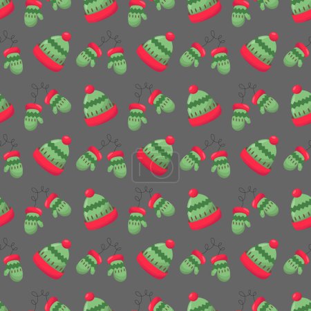 Seamless winter pattern with a hat and mittens on a dark background.Use for paper, banner, cards, poster, fabric Vector illustration.