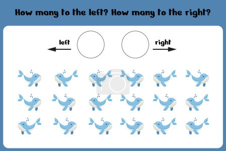 Ilustración de Juego lógico para niños "Izquierda o Derecha". Hoja de entrenamiento. Cuente cuántas ballenas giran a la izquierda y cuántas giran a la izquierda. Ilustración vectorial - Imagen libre de derechos
