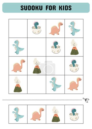 Illustration for Sudoku for kids with cute dinosaurs. A logic game for preschoolers. Printable sheet. Vector illustration - Royalty Free Image