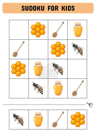 Sudoku for kids. The theme of beekeeping. Games for children. Printable pages for preschoolers.