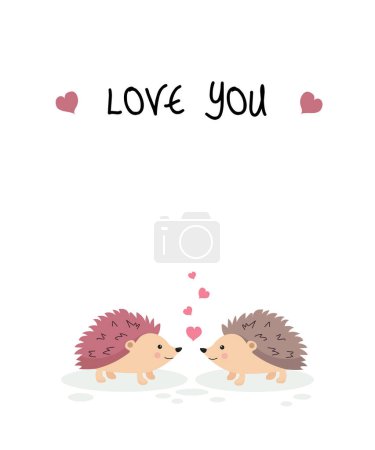 Valentinstagskarte mit niedlichen Igeln auf weißem Hintergrund. Einfache Illustration, süßes Igelpaar, das sich verliebt Vektor Illustration