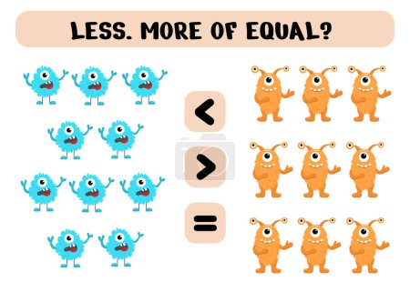 Game for preschoolers. Less, more or equal with cute monsters. Vector illustration. Printable sheet
