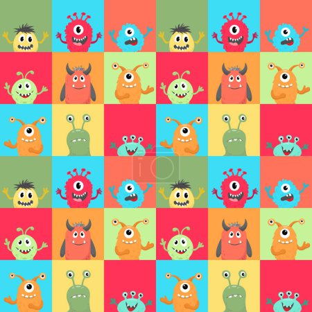 Bright colorful seamless pattern with cute monsters. Pattern for children's clothes, covers for notebooks, children's wallpapers. Vector illustration