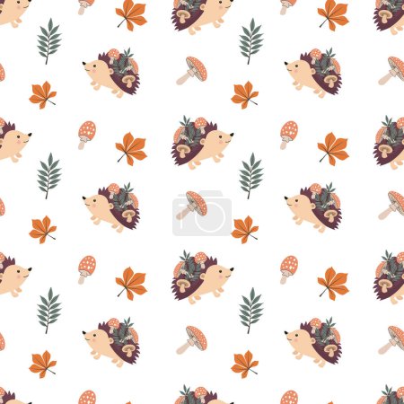 Herbstnahtloses Muster mit putzigen Igeln, Blättern und Pilzen auf weißem Hintergrund. Kindlicher Hintergrund für Stoff, Geschenkpapier, Textilien, Tapeten und Bekleidung. Vektorillustration