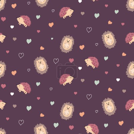 Seamless pattern with cute hedgehogs and hearts on a dark purple background. Childish repeated background with cartoon characters perfect for wallpaper, fabric, wrapping paper.