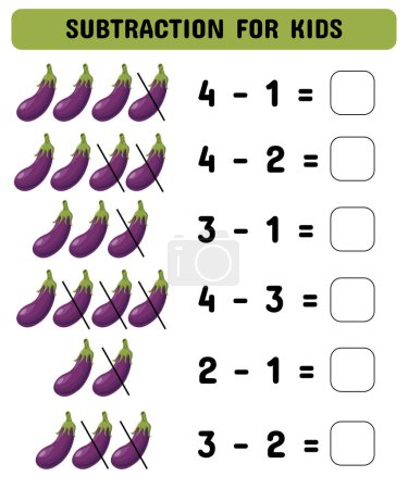 Illustration for Subtraction game with eggplants. A developing mathematical game for kindergarten preschoolers. Printable sheet - Royalty Free Image
