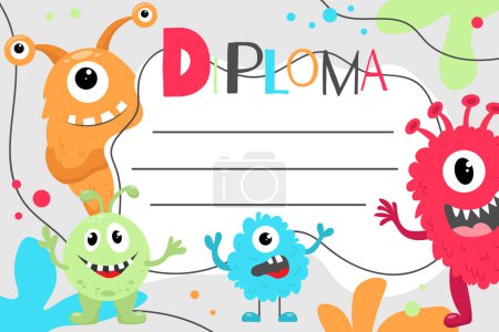 A colorful diploma with cute monsters for preschoolers and kindergarteners. Certificate preschoolers with monsters. Place for text. Vector illustration. Sheet for printing.