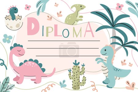 A colorful diploma for preschool, school and kindergarten children with cute dinosaurs. Place for text. Vector illustration. Sheet for printing.Certificate for preschoolers with cute dinosaurs.