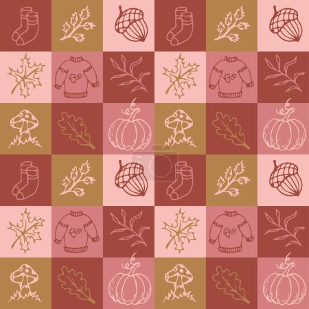 Autumn seamless pattern in doodle style. Geometric pattern with autumn leaves, pumpkin, warm clothes and mushrooms. Vector illustration