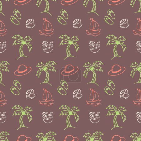 Ilustración de Patrón sin costuras estilo garabato temático de verano con palmeras, conchas marinas, cocos, barcos y chanclas. Ilustración vectorial - Imagen libre de derechos