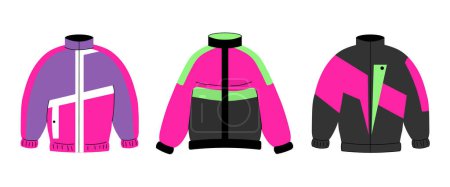 A set of bright jackets in the style of the 90s. Windbreakers of the 90s. Vector illustration