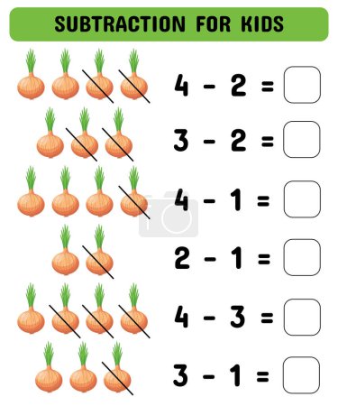 Subtraction game with onions. Mathematical game for kindergarten and preschoolers. Printable sheet. Vector illustration