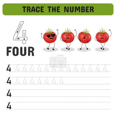 Card for learning numbers with funny tomatoes in kawaii style. Trace the number.Educational children game, printable worksheet.