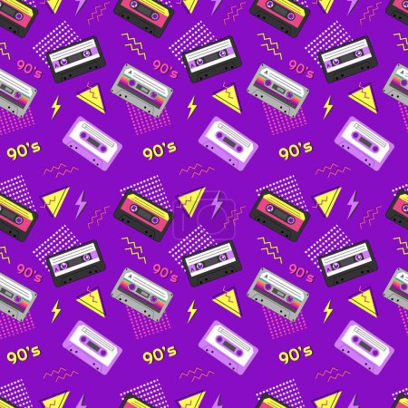 Brillante patrón sin costuras en el estilo de los años 90 con casetes de audio. Ilustración vectorial