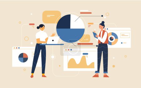 Illustration for Hand drawn people gathering data with statistics Vector illustration - Royalty Free Image