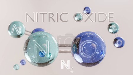 Nitric Oxide, NO, molecule model,  chemical formula. Nitrogen oxide, nitrogen monoxide or Oxidonitrogen. Ball-and-stick, nitric oxygen monoxide structural formula, nitrous azote and oxygen, 3d render