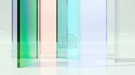 farbenfrohe transluzente Glasplatten, Glühspektrum, Dispersionsglassteine, helle holographische, abstrakte transparente glänzende Textilien, Kunststoffplatten, 3D-Render