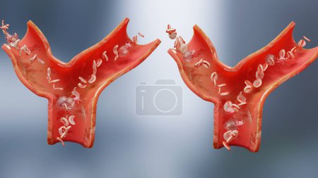 Foto de Anemia cantidad de células sanguíneas o hemoglobina y normal. Anemia aplásica, recuento normal y anormal de células sanguíneas y plaquetas, circulación en una arteria o vena, enfermedad de la anemia, deficiencia de hierro, 3d render - Imagen libre de derechos