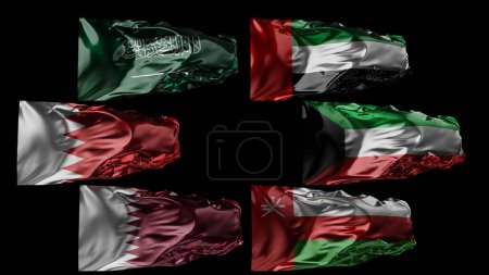 Foto de Banderas del Consejo de Cooperación del Golfo ondeando al viento, GCC Banderas nacionales, textura de la tela, primer plano, Emiratos Árabes Unidos, Qatar, Arabia Saudita, Kuwait, Bahrein, Omán, - Imagen libre de derechos