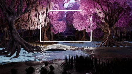 Photo for Abstract 3D forest with rectangle neon, Sci Fi Futuristic trees and glowing frame, Fluorescent light box, fantasy wild, paradise scenery with calm river, ponds, 3d render - Royalty Free Image