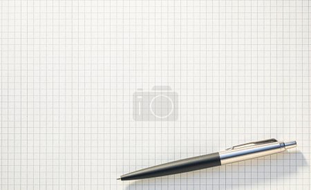 Foto de Pluma plateada y negra descansando diagonalmente cerca de la esquina en una hoja limpia y blanca de papel gráfico. - Imagen libre de derechos