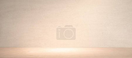 Photo for An unoccupied, clean wooden surface with a subtle texture stands in front of a smooth, warm-toned backdrop illuminated by gentle lighting. - Royalty Free Image