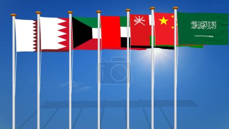Téléchargez les photos : Illustration 3D du drapeau officiel du Conseil de coopération du Golfe et de la Chine et des drapeaux nationaux des six pays membres du Conseil de coopération des États arabes du Golfe (CCG) Relations Chine-CCG - en image libre de droit