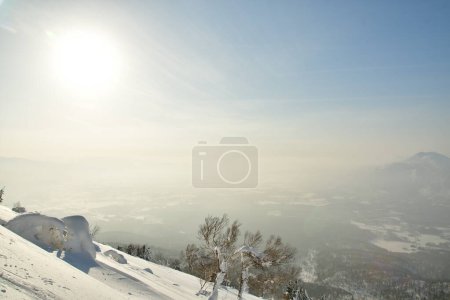 Mt Yotei steep ascent in Snow to top Views sun panorama Hokkaido Japan. High quality photo