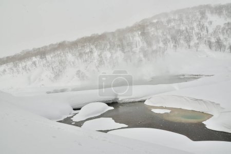 Onsen natural con nieve en invierno hokkaido japón. Foto de alta calidad