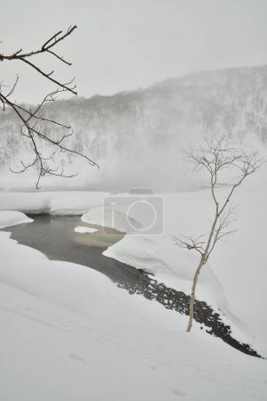 Natural onsen with snow in winter hokkaido japan. High quality photo