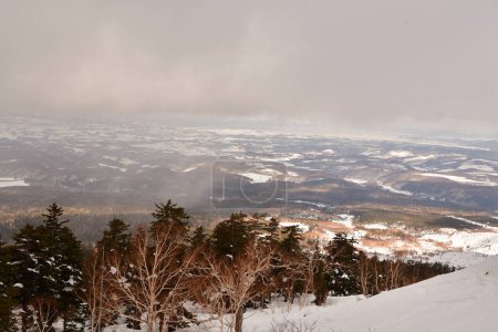 Schneelandschaft in Hokkaido Japan schlechtes Wetter kommt in Wolken. Hochwertiges Foto