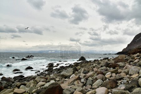Coast of Hokkaido in winter japan clouds rough sea. High quality photo