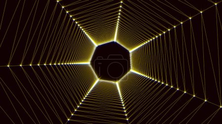 Die 3D-Darstellung des gebogenen Tunnels mit LED-Leuchten an der Decke und Reflexion mit Sternenschein ist eine atemberaubende visuelle Darstellung moderner Technologie. Es kann als mächtiger Hintergrund für schnelle Unternehmenswerbung oder als futuristischer