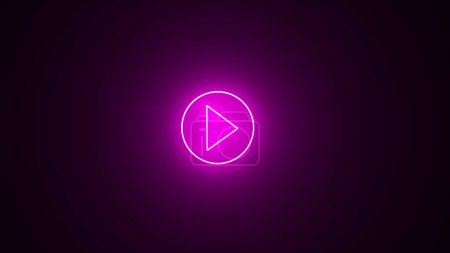 Glowing purple color play button on black background. Play right navigate triangle arrow start button. Neon glowing play button with neon circle