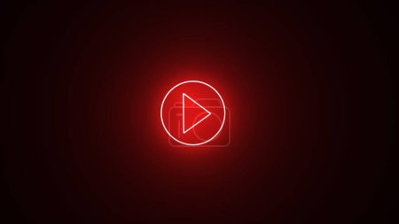 Glowing red color play button on black background. Play right navigate triangle arrow start button. Neon glowing play button with neon circle