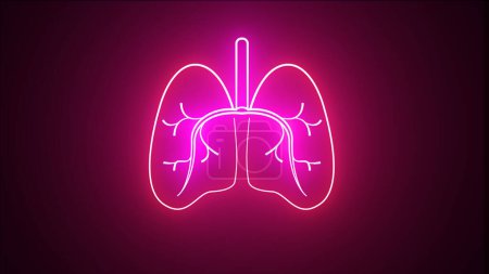 Glowing purple and red color neon human lung. Human respiratory system, lungs, anatomy, and animation. Bright neon line Lungs icon isolated on black background.