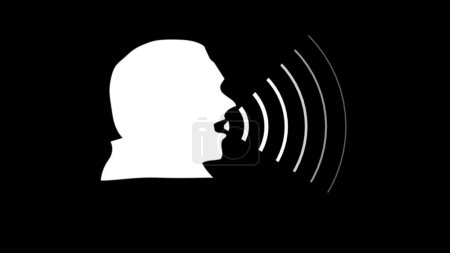 Glowing white solid Human Talk logo sound wave voice technology outline icon design. Speaking icon on a brick wall background. Man lips with a sound wave on a black background in neon light.