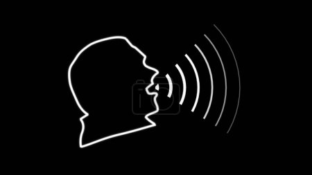 Leuchtend weißes neonfarbenes Human Talk-Logo mit Schallwellen-Sprachtechnologie umreißt das Icon-Design. Sprech-Symbol auf einem Backstein-Hintergrund. Männerlippen mit einer Schallwelle auf schwarzem Hintergrund im Neonlicht.