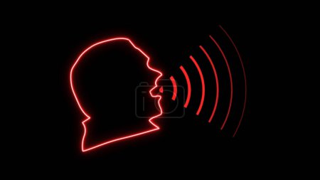 Glowing red neon Human Talk logo sound wave voice technology outline icon design. Speaking icon on a brick wall background. Man lips with a sound wave on a black background in neon light