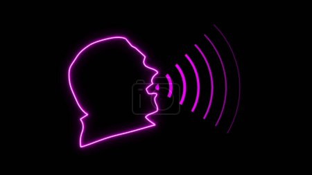 Glowing purple neon Human Talk logo sound wave voice technology outline icon design. Speaking icon on a brick wall background. Man lips with a sound wave on a black background in neon light.