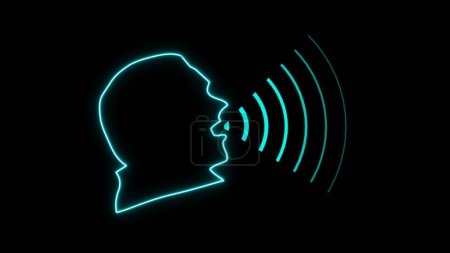 Foto de Neon Human Talk logo sound wave voice technology outline icon design. Persona que habla con una ilustración 3D de espectrogramas - Imagen libre de derechos