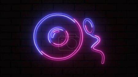 Glowing blue and purple neon outline Sperm and egg cell icon isolated on brick wall background. Microscopic sperm and egg cell.